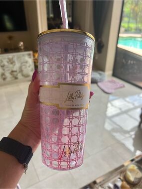 Lilly Pulitzer Pink & Gold Patterned Insulated Tumbler with Straw 24 oz
